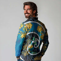 New Zealand Tui Bird Long Sleeve Polo Shirt Maori Koru With Kowhai Flowers