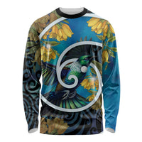 New Zealand Tui Bird Long Sleeve Shirt Maori Koru With Kowhai Flowers LT05 Unisex Black - Polynesian Pride