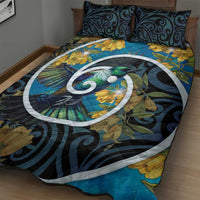 New Zealand Tui Bird Quilt Bed Set Maori Koru With Kowhai Flowers