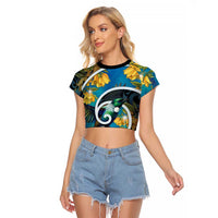 New Zealand Tui Bird Raglan Cropped T Shirt Maori Koru With Kowhai Flowers LT05 Female Black - Polynesian Pride