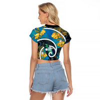 New Zealand Tui Bird Raglan Cropped T Shirt Maori Koru With Kowhai Flowers LT05 - Polynesian Pride