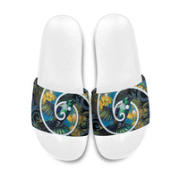 New Zealand Tui Bird Slide Sandals Maori Koru With Kowhai Flowers LT05 Black - Polynesian Pride