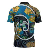 New Zealand Tui Bird Zipper Polo Shirt Maori Koru With Kowhai Flowers