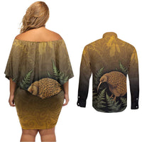New Zealand Kiwi Bird Couples Matching Off Shoulder Short Dress and Long Sleeve Button Shirt Silver Fern Mix Maori Pattern LT05 - Polynesian Pride