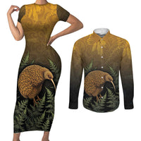 New Zealand Kiwi Bird Couples Matching Short Sleeve Bodycon Dress and Long Sleeve Button Shirt Silver Fern Mix Maori Pattern
