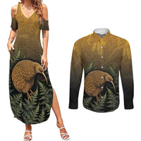 New Zealand Kiwi Bird Couples Matching Summer Maxi Dress and Long Sleeve Button Shirt Silver Fern Mix Maori Pattern LT05 Brown - Polynesian Pride