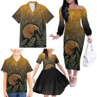 New Zealand Kiwi Bird Family Matching Off The Shoulder Long Sleeve Dress and Hawaiian Shirt Silver Fern Mix Maori Pattern LT05 - Polynesian Pride