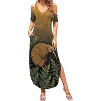 New Zealand Kiwi Bird Family Matching Summer Maxi Dress and Hawaiian Shirt Silver Fern Mix Maori Pattern LT05 Mom's Dress Brown - Polynesian Pride