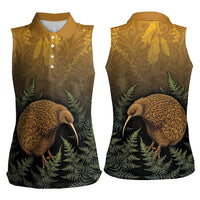 New Zealand Kiwi Bird Women Sleeveless Polo Shirt Silver Fern Mix Maori Pattern