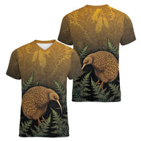 New Zealand Kiwi Bird Women V-Neck T-Shirt Silver Fern Mix Maori Pattern LT05 - Polynesian Pride