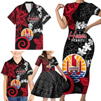 Tahiti Heiva Festival Family Matching Short Sleeve Bodycon Dress and Hawaiian Shirt Floral Pattern With Coat Of Arms LT05 - Polynesian Pride