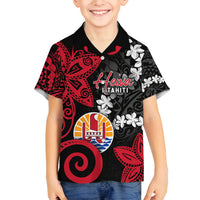 Tahiti Heiva Festival Family Matching Tank Maxi Dress and Hawaiian Shirt Floral Pattern With Coat Of Arms LT05 Son's Shirt Black - Polynesian Pride