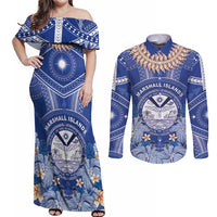 Marshall Islands Jemenei Day Couples Matching Off Shoulder Maxi Dress and Long Sleeve Button Shirt Polynesian Tribal Tattoo Seashell Necklace LT05 Blue - Polynesian Pride
