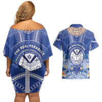 Marshall Islands Jemenei Day Couples Matching Off Shoulder Short Dress and Hawaiian Shirt Polynesian Tribal Tattoo Seashell Necklace LT05 - Polynesian Pride
