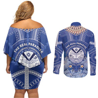 Marshall Islands Jemenei Day Couples Matching Off Shoulder Short Dress and Long Sleeve Button Shirt Polynesian Tribal Tattoo Seashell Necklace LT05 - Polynesian Pride