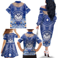 Marshall Islands Jemenei Day Family Matching Off The Shoulder Long Sleeve Dress and Hawaiian Shirt Polynesian Tribal Tattoo Seashell Necklace