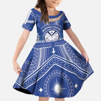 Marshall Islands Jemenei Day Family Matching Summer Maxi Dress and Hawaiian Shirt Polynesian Tribal Tattoo Seashell Necklace LT05 Daughter's Dress Blue - Polynesian Pride