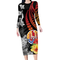 French Polynesia Bastille Day Family Matching Long Sleeve Bodycon Dress and Hawaiian Shirt Tropical Turtle Hibiscus Polynesian Pattern LT05 Mom's Dress Black - Polynesian Pride