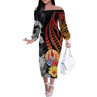 French Polynesia Bastille Day Family Matching Off The Shoulder Long Sleeve Dress and Hawaiian Shirt Tropical Turtle Hibiscus Polynesian Pattern LT05 Mom's Dress Black - Polynesian Pride