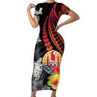 French Polynesia Bastille Day Short Sleeve Bodycon Dress Tropical Turtle Hibiscus Polynesian Pattern LT05 Long Dress Black - Polynesian Pride