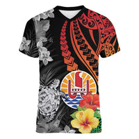 French Polynesia Bastille Day Women V-Neck T-Shirt Tropical Turtle Hibiscus Polynesian Pattern LT05 Female Black - Polynesian Pride