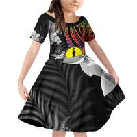 New Caledonia Bastille Day Family Matching Off Shoulder Short Dress and Hawaiian Shirt Tropical Turtle Hibiscus Polynesian Pattern LT05 Daughter's Dress Black - Polynesian Pride