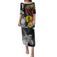 New Caledonia Bastille Day Family Matching Puletasi and Hawaiian Shirt Tropical Turtle Hibiscus Polynesian Pattern LT05 Mom's Dress Black - Polynesian Pride