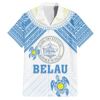 Personalised Palau Constitution Day Family Matching Short Sleeve Bodycon Dress and Hawaiian Shirt Polynesian Turtle LT05 Dad's Shirt - Short Sleeve Blue - Polynesian Pride