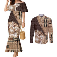 Samoa Siapo Elegant Couples Matching Mermaid Dress and Long Sleeve Button Shirt Hibiscus Chocolate Brown Motifs - Polynesian Pride