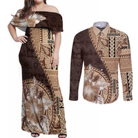 Samoa Siapo Elegant Couples Matching Off Shoulder Maxi Dress and Long Sleeve Button Shirt Hibiscus Chocolate Brown Motifs - Polynesian Pride