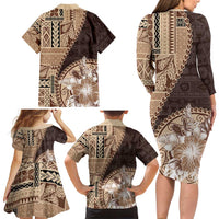 Samoa Siapo Elegant Family Matching Long Sleeve Bodycon Dress and Hawaiian Shirt Hibiscus Chocolate Brown Motifs - Polynesian Pride