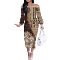 Samoa Siapo Elegant Family Matching Off The Shoulder Long Sleeve Dress and Hawaiian Shirt Hibiscus Chocolate Brown Motifs - Polynesian Pride