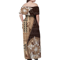 Samoa Siapo Elegant Family Matching Off Shoulder Maxi Dress and Hawaiian Shirt Hibiscus Chocolate Brown Motifs - Polynesian Pride