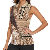 Samoa Siapo Elegant Women Sleeveless Polo Shirt Hibiscus Chocolate Brown Motifs - Polynesian Pride