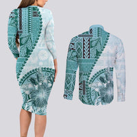 Samoa Siapo Elegant Couples Matching Long Sleeve Bodycon Dress and Long Sleeve Button Shirt Hibiscus Teal Motifs - Polynesian Pride