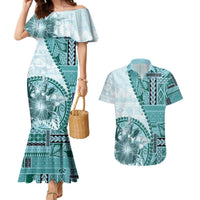 Samoa Siapo Elegant Couples Matching Mermaid Dress and Hawaiian Shirt Hibiscus Teal Motifs - Polynesian Pride