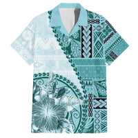 Samoa Siapo Elegant Family Matching Off The Shoulder Long Sleeve Dress and Hawaiian Shirt Hibiscus Teal Motifs - Polynesian Pride
