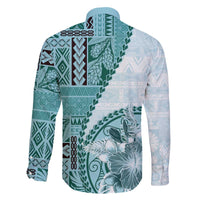 Samoa Siapo Elegant Family Matching Off The Shoulder Long Sleeve Dress and Hawaiian Shirt Hibiscus Teal Motifs - Polynesian Pride