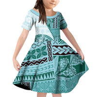 Samoa Siapo Elegant Family Matching Off Shoulder Short Dress and Hawaiian Shirt Hibiscus Teal Motifs - Polynesian Pride