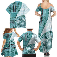 Samoa Siapo Elegant Family Matching Summer Maxi Dress and Hawaiian Shirt Hibiscus Teal Motifs - Polynesian Pride