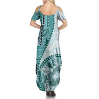 Samoa Siapo Elegant Family Matching Summer Maxi Dress and Hawaiian Shirt Hibiscus Teal Motifs - Polynesian Pride