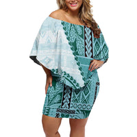 Samoa Siapo Elegant Off Shoulder Short Dress Hibiscus Teal Motifs LT05 Women Teal - Polynesian Pride