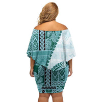 Samoa Siapo Elegant Off Shoulder Short Dress Hibiscus Teal Motifs LT05 - Polynesian Pride