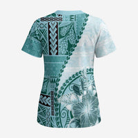 Samoa Siapo Elegant Scrub Top Hibiscus Teal Motifs - Polynesian Pride