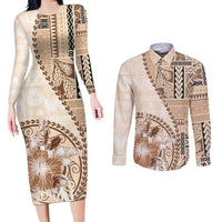 Samoa Siapo Elegant Couples Matching Long Sleeve Bodycon Dress and Long Sleeve Button Shirt Hibiscus Beige Motifs - Polynesian Pride