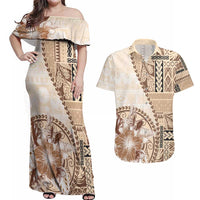 Samoa Siapo Elegant Couples Matching Off Shoulder Maxi Dress and Hawaiian Shirt Hibiscus Beige Motifs - Polynesian Pride