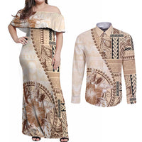 Samoa Siapo Elegant Couples Matching Off Shoulder Maxi Dress and Long Sleeve Button Shirt Hibiscus Beige Motifs - Polynesian Pride