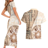 Samoa Siapo Elegant Couples Matching Short Sleeve Bodycon Dress and Hawaiian Shirt Hibiscus Beige Motifs - Polynesian Pride