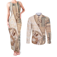 Samoa Siapo Elegant Couples Matching Tank Maxi Dress and Long Sleeve Button Shirt Hibiscus Beige Motifs - Polynesian Pride