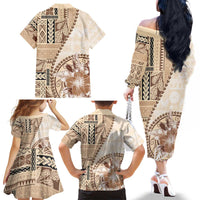 Samoa Siapo Elegant Family Matching Off The Shoulder Long Sleeve Dress and Hawaiian Shirt Hibiscus Beige Motifs - Polynesian Pride